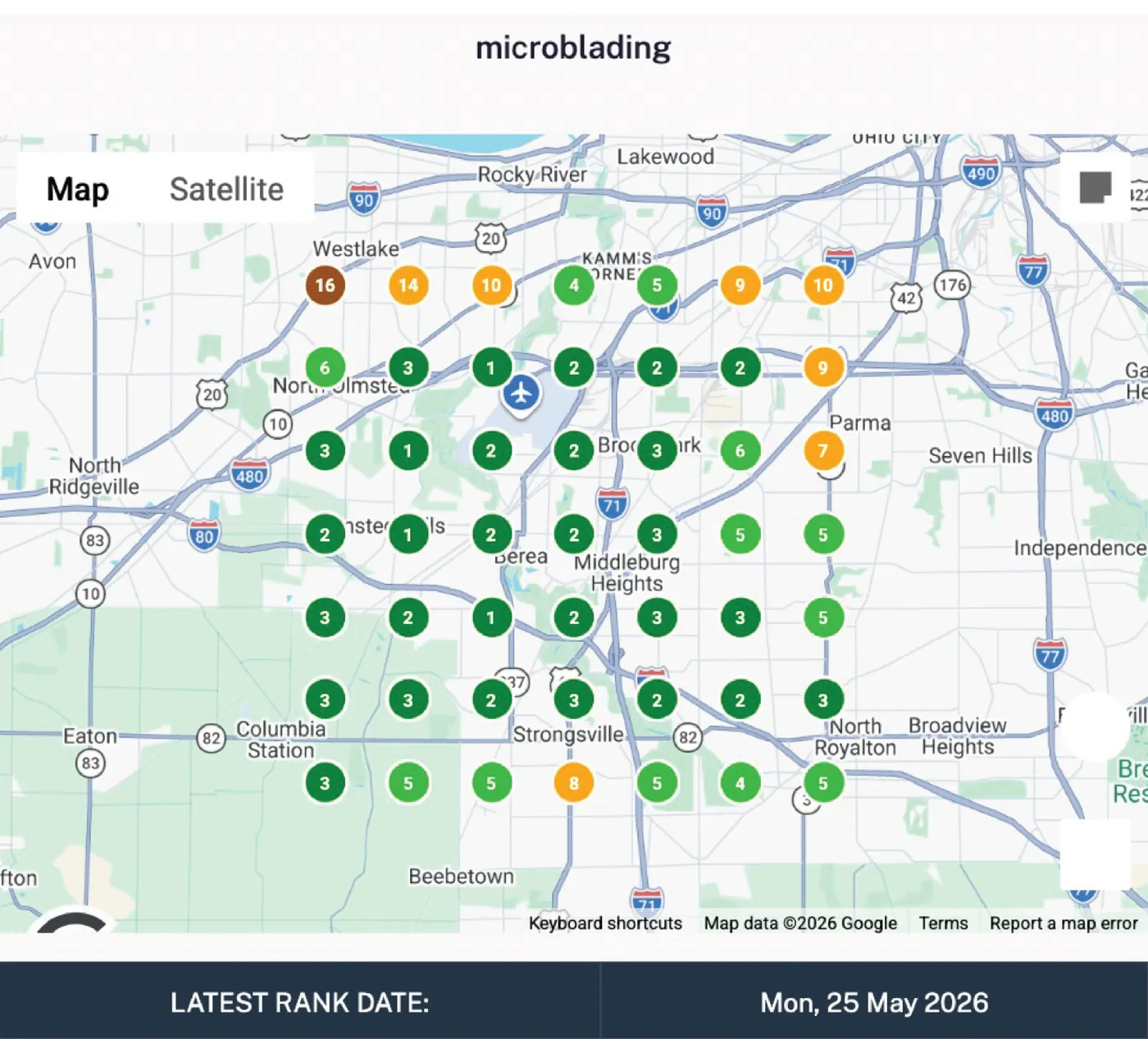 Microblading geo-grid rankings, top 3 across the metro